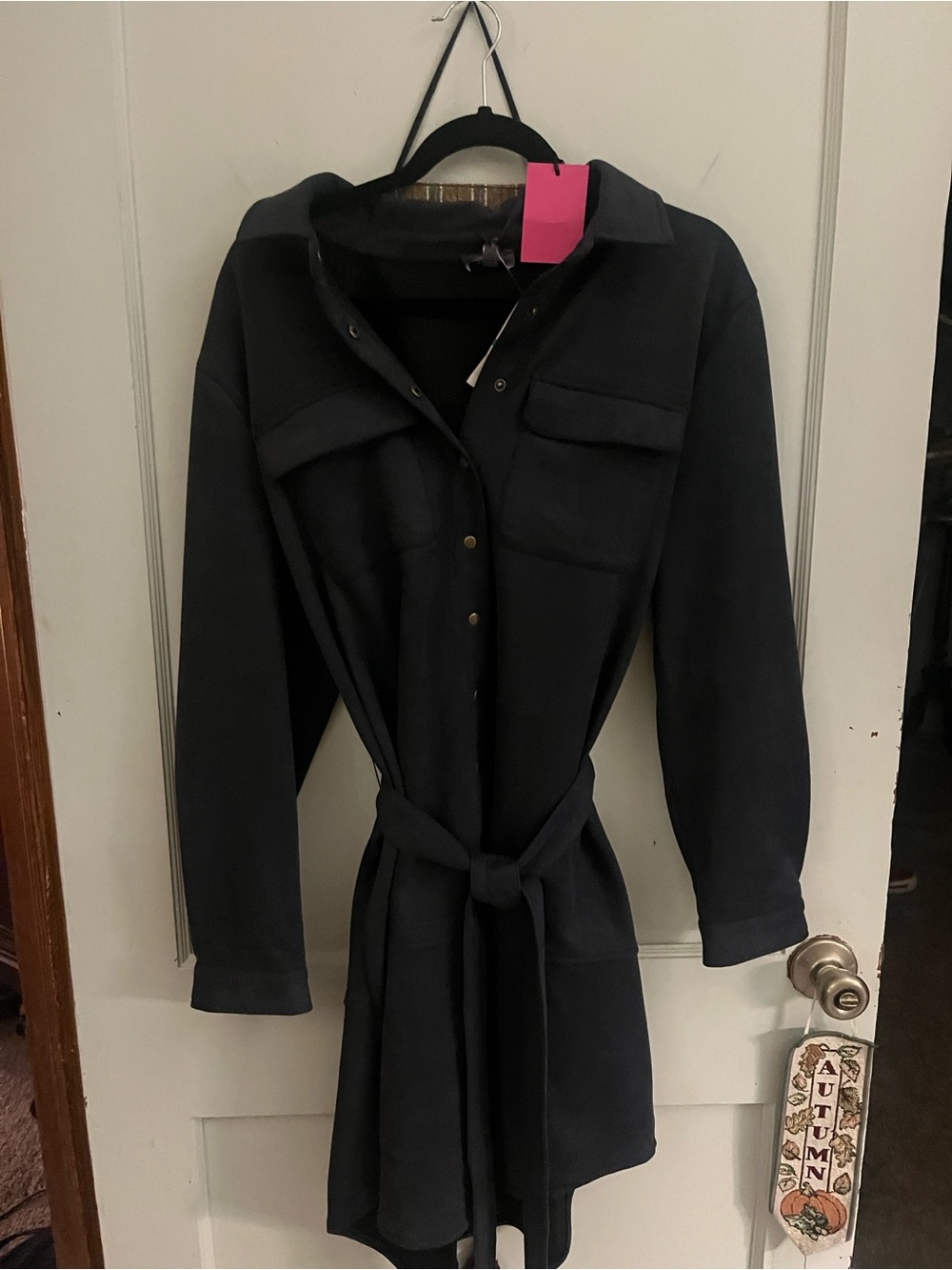 Ninety Navy Belted Trench Shirt Coat with Chest Pockets